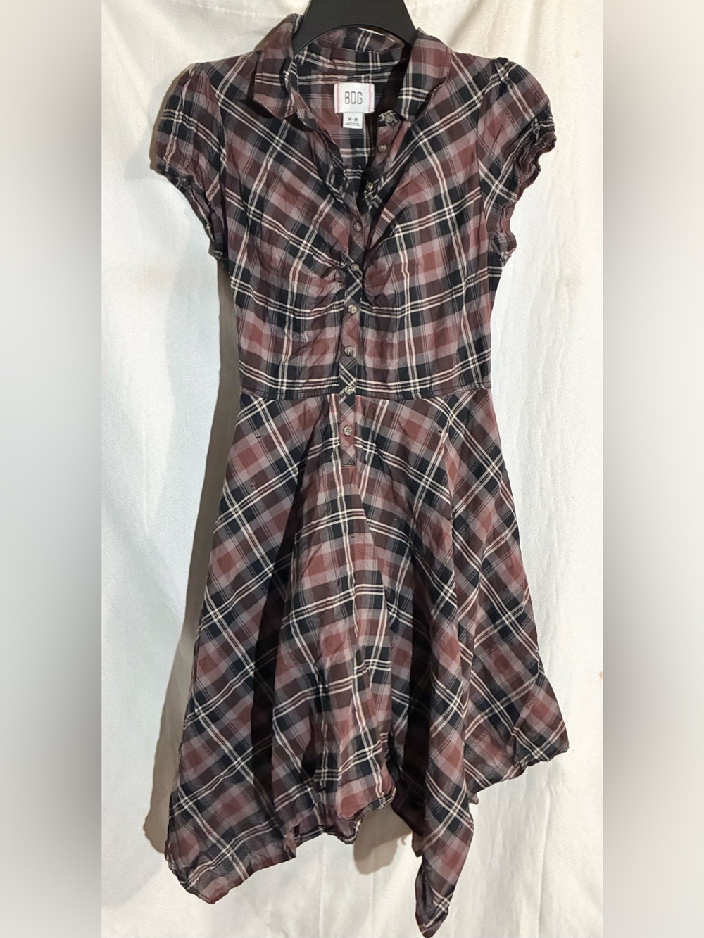 BDG Brown Plaid Button Down Dress Sz M Handkerchief Hem Lined Grunge academia